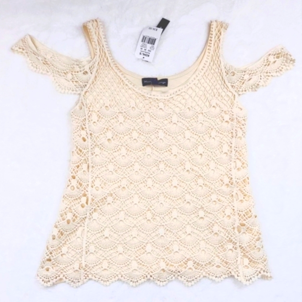 Mason Mackenzie Cream Crochet Overlay Top Blouse Cold Shoulder Lined Size XS